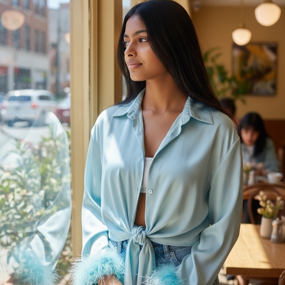 Tie-Front Satin Blouse in Light Blue